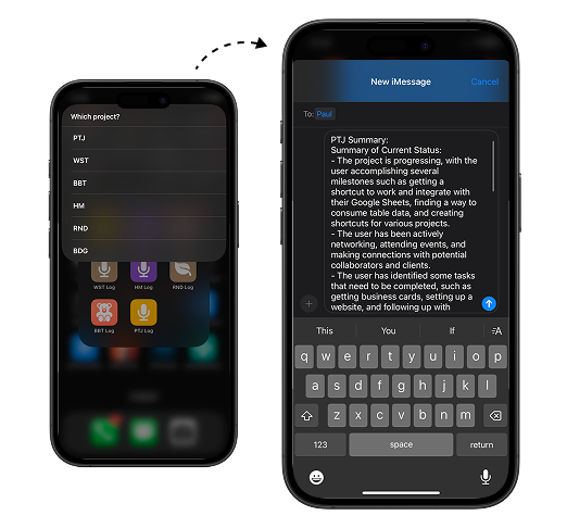 Image of two iOS screenshots. Left is a dropdown asking "Which Project?", and the right is text of the AI summary of the project, filling in a text field of a new text message to the user.